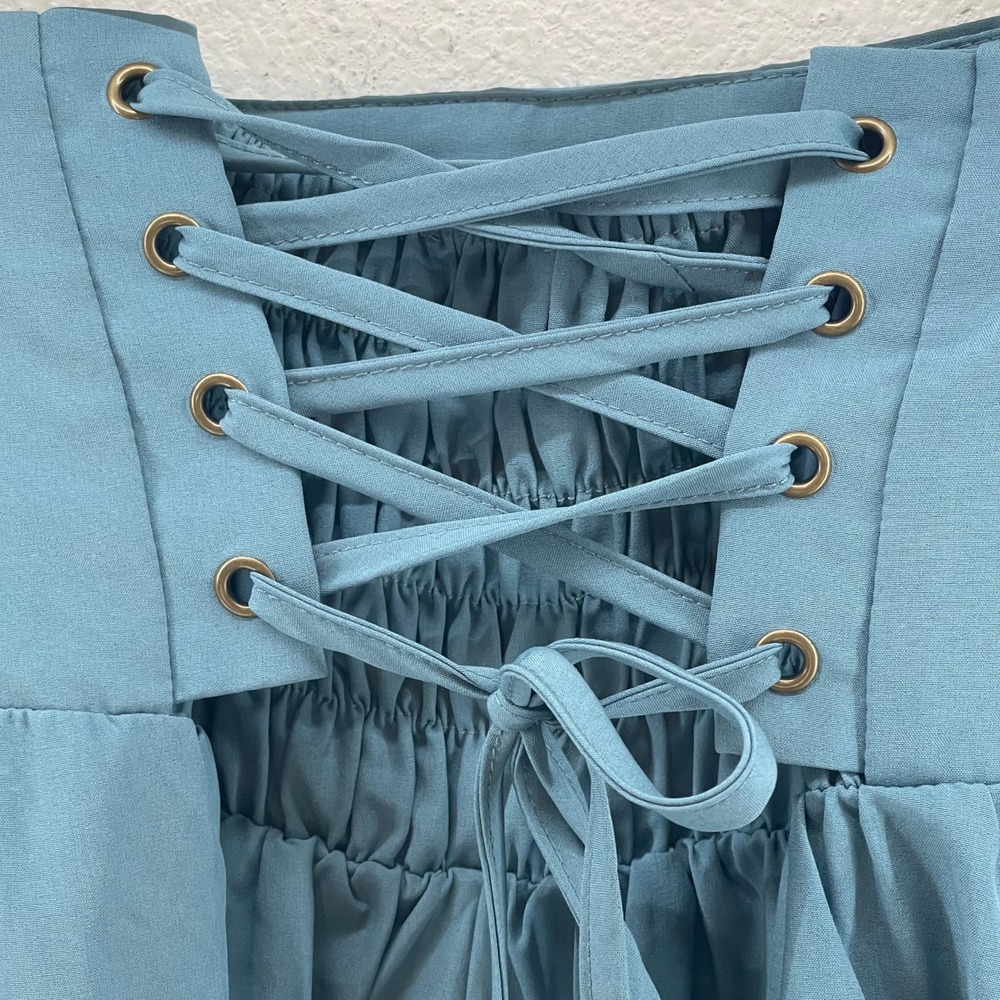 Blue Maxi Skirt Romantic Prairie Cottagecore Lace Ruffle Ren Faire Whimsigoth - Picture 14 of 16